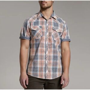 BKE Vintage Plaid Western Snap Shirt Short Sleeve Rustic Ranch